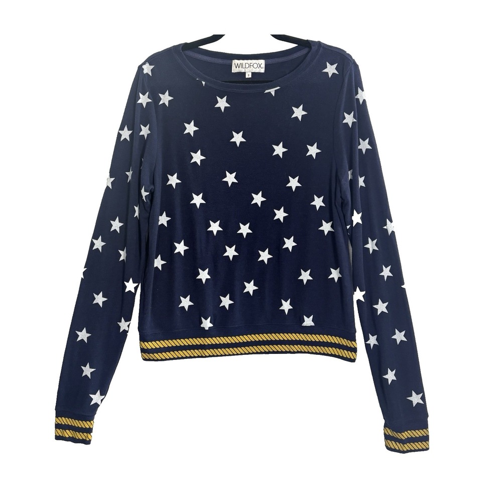 WILDFOX Women Nautical Stars Sailor Rope Pullover Sweater Sz S Blue 22-12